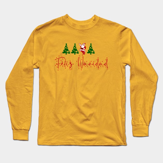 Feliz Navidad Christmas Trees and Santa Long Sleeve T-Shirt by Atomic Chile 